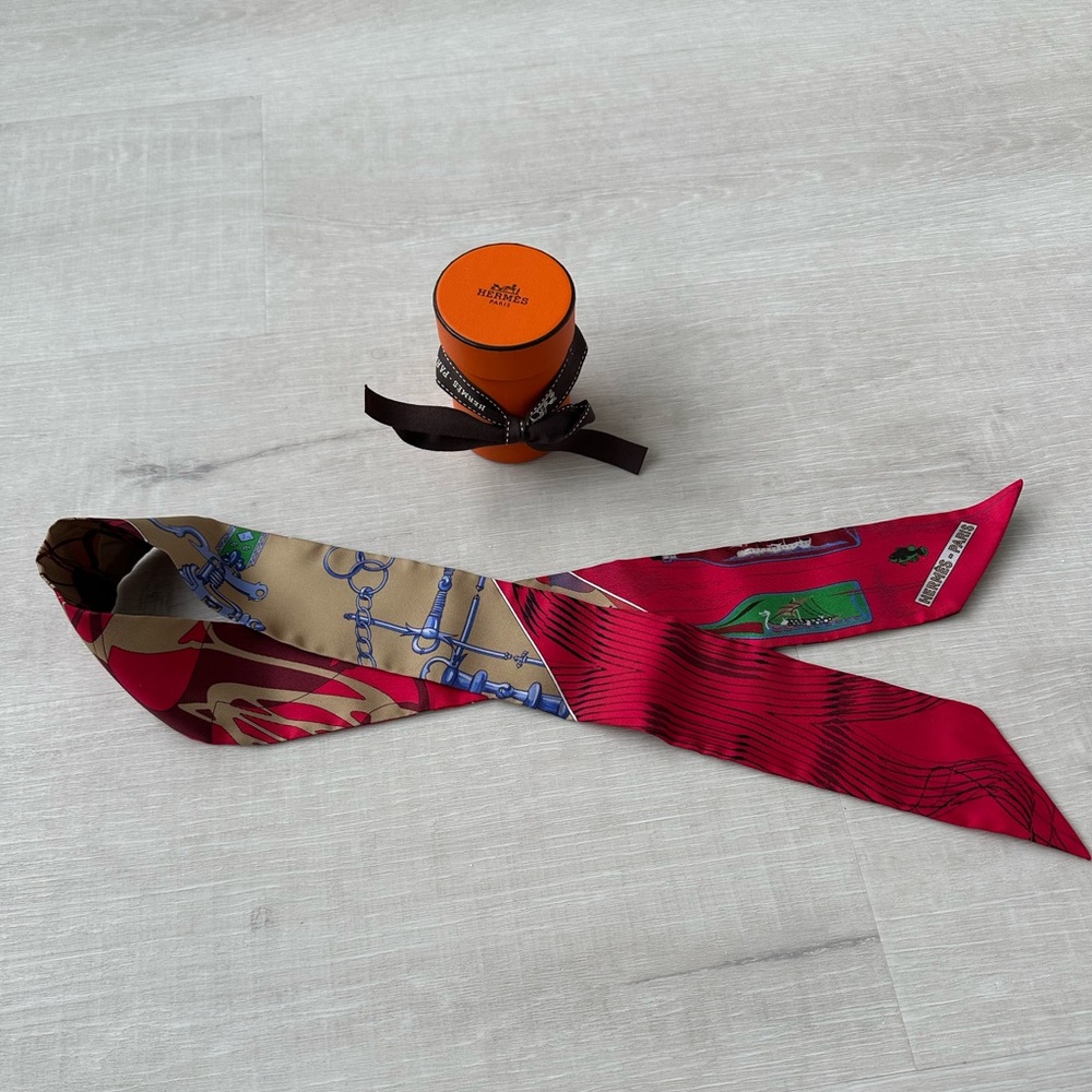 Hermès Red and Tan Silk Twilly Scarf